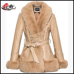 Faux Leather Jacket with Faux Fur Collar Peplum Parka Coat Belted